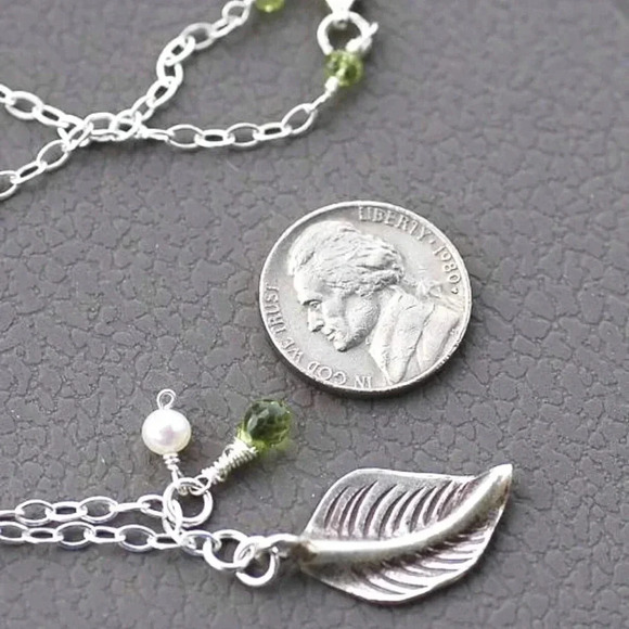 Silver Leaf Pendant, Autumn Necklace, Hill Tribe Silver, Peridot, Pearl - Picture 3 of 3